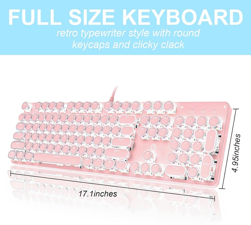 YSCP Typewriter Style Mechanical Gaming Keyboard LED Backlit Wired with Blue Switch Retro Round Keycap 104 Keys Keyboard (Pink 104Keys LED) - Image 5